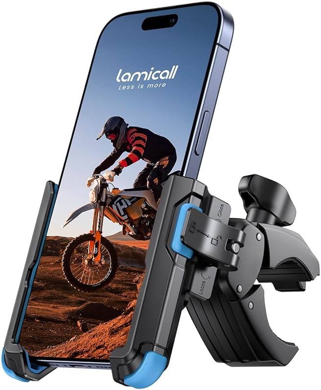 Lamicall Motorcycle Bike Phone Mount - [1s Quick Release] Bike Cell Phone Holder Clip, Bicycle Scooter Handlebar Clamp, Gifts for iPhone 17 16 15 14 Pro Max, Galaxy S25 S24 Ultra, 4.7-7" Phones, Blue - Product Image