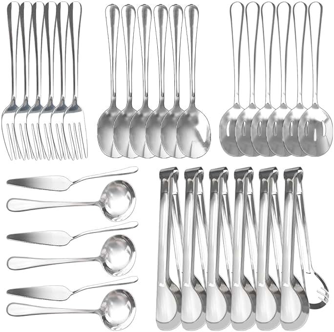 TANEMUDO 30 Pcs Stainless Steel Serving Utensils Set,With Large Spoons, Slotted Spoons, Forks, Soup Ladle, Pie Server, and Tongs for Home Buffet Party Supplies(Silver) - Product Image