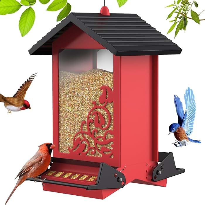Squirrel Proof Bird Feeder for Outdoor Hanging,Metal Bird Seed Feeder with Bilateral Weight Activated Perches,5LB Large Capacity Wild Bird Feeders for Outside,Easy Refill and Clean,Red - Product Image