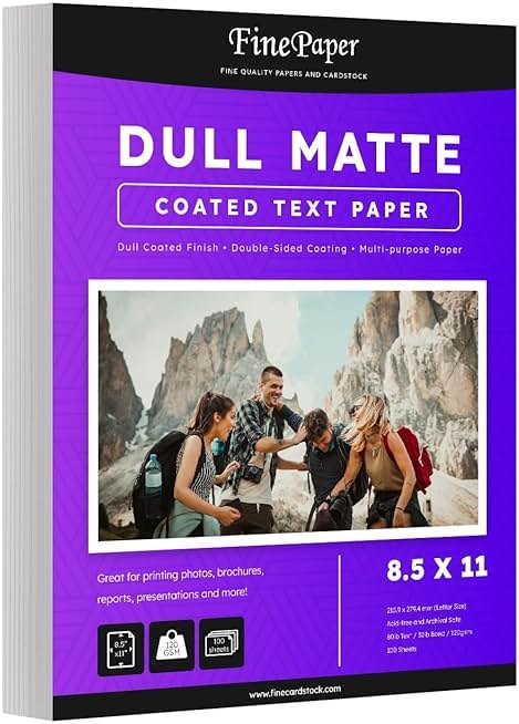 Dull 80lb Text Digital Low Gloss Paper, Double Sided C2S, Coated, Perfect for Color Laser Printing, Design Proposals, Flyers, Brochures | Matte Finish | 8.5" x 11" | 100 Sheets - Product Image