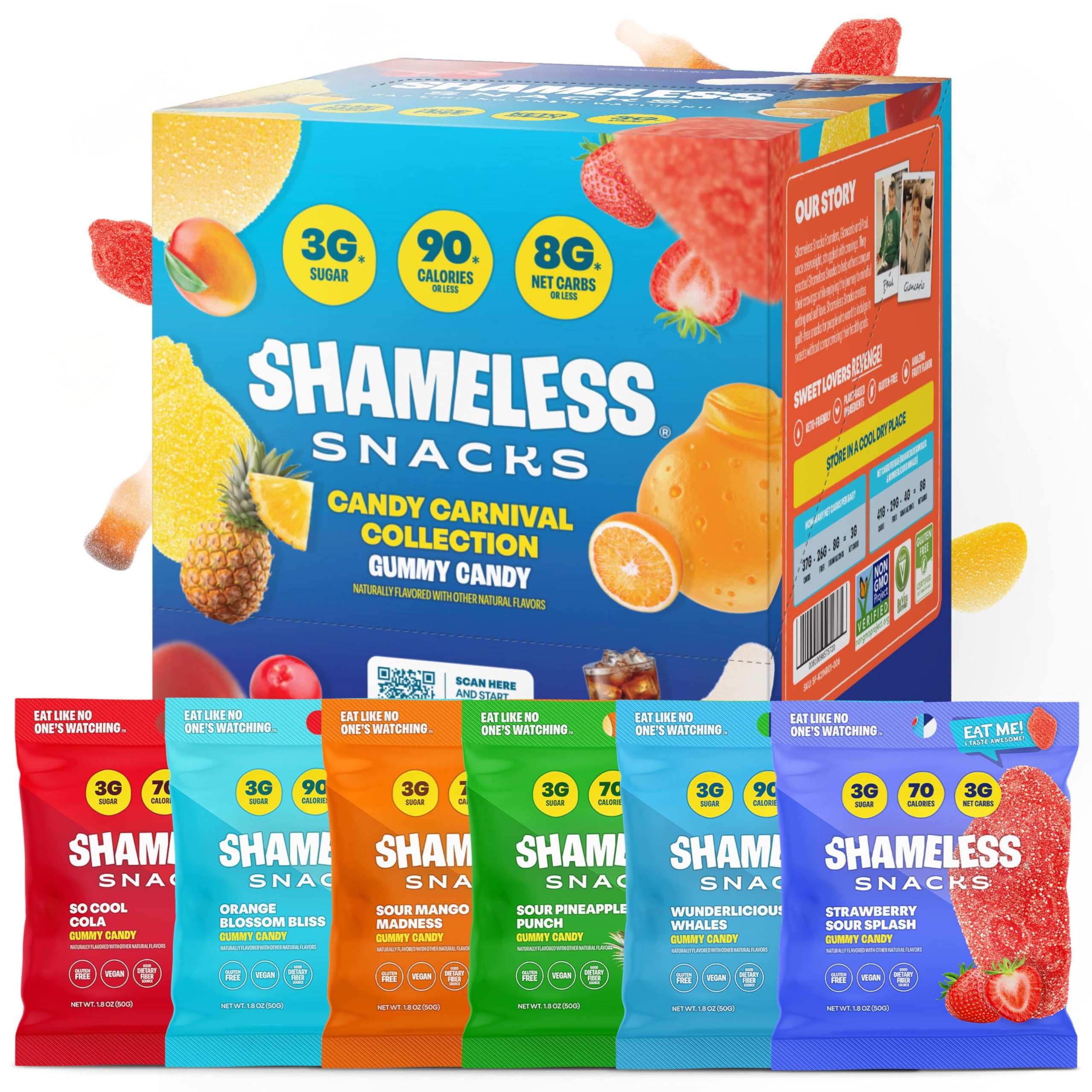 Shameless Snacks Candy Carnival - Sour Candy & Fruit Snacks, Gummy Candy Variety Pack, Strawberry Orange Mango Cola, Keto Snacks 3g Sugar Gluten Free for Kids & Adults - Product Image
