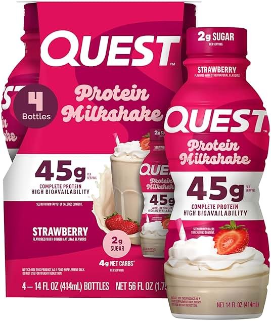 Quest Nutrition Strawberry Protein Shake, 45g Protein, 2g Sugar, 4g Net Carbs, Ready to Drink, Gluten Free, 4 Count - Product Image