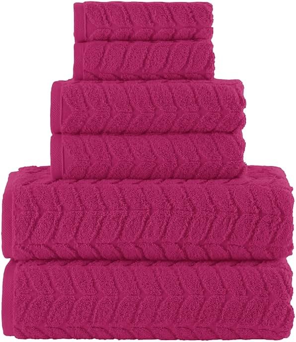Elegant Comfort Luxury 6-Piece 100% Turkish Cotton Jacquard Braided Textured Premium Hotel Quality Towel Set– Soft and Absorbent, Includes 2 Bath Towels, 2 Hand Towels and 2 Washcloths, Hot Pink - Product Image
