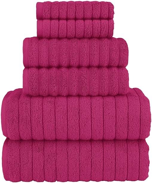 Elegant Comfort 100% Turkish Cotton Corduroy Ribbed Luxury Bath Towels 6-Piece Set, Premium Feel - Quick Dry, Highly Absorbent, Contains 2 Bath Towels, 2 Hand Towels, and 2 Washcloths, Hot Pink - Product Image
