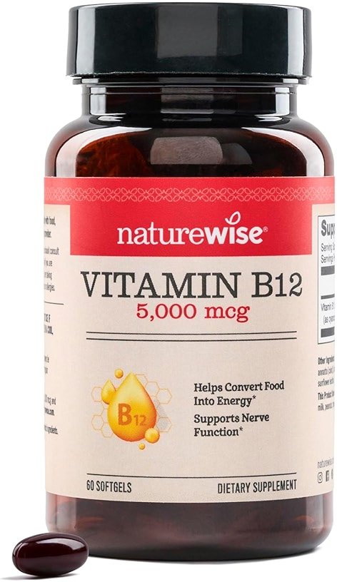 NatureWise Vitamin B12 5000 mcg - Extra Strength - Supplement for Supporting Energy Levels, Mental Clarity, Nervous System Health - Easy-to-Swallow, Soy and Gluten-Free, Non-GMO - 60 Softgels - Product Image