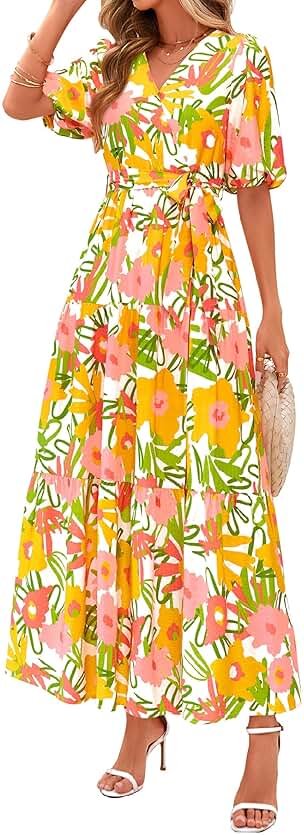 PRETTYGARDEN Women's Summer Maxi Dress 2026 Resort Wear Boho Floral V Neck Puff Short Sleeve Ruffle Flowy Beach Long Dresses - Product Image