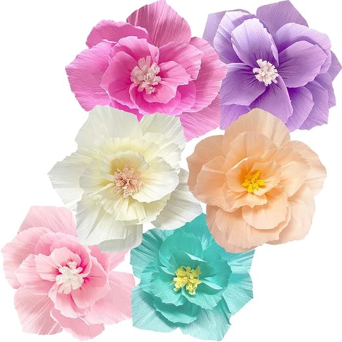 ANSOMO Paper Flowers Pink Purple Ivory Light Blue Pastel Artificial Crepe Tissue Wall Home Décor Wedding Birthday Bridal Baby Shower Classroom Nursery Room Floral Colorful Party Decorations - Product Image