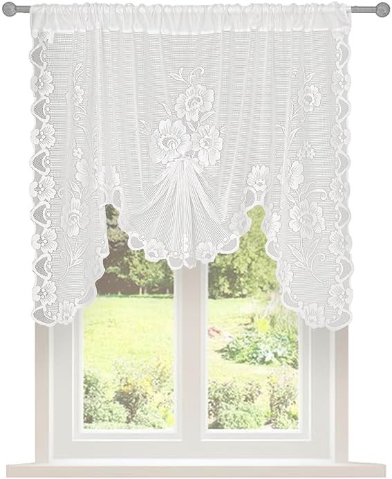 Jayla White Semi-Sheer Floral Lace Curtain Swag for Kitchen Half Window Bathroom Decoration Rod Pocket,59 x 39 Inch, 1 Panel - Product Image