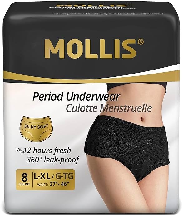 MOLLIS Disposable Period Underwear for Women, Postpartum Panties, Maternity Knickers Heavy Flow Leak Proof, Black, Large/X-Large, 8 Count - Product Image