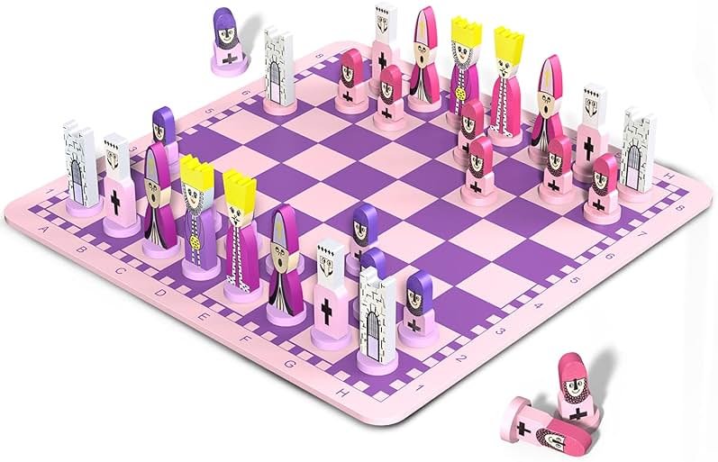 Cartoon Chess Set for Kids: JORMONY 11.8" Pink Chess Board Themed Chess Kids Chess Sets for Beginners No Stress Chess Wooden Board Games Educational Toy Boys Girls for Family School - Product Image