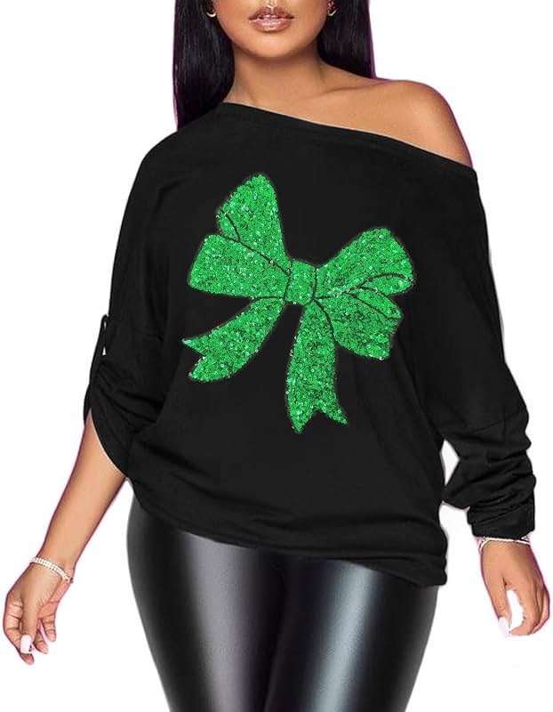 PESION Womens Off The Shoulder Tops Sexy Shiny Metallic Shirts Long Sleeves Fashion Graphic T-Shirts Blouses - Product Image