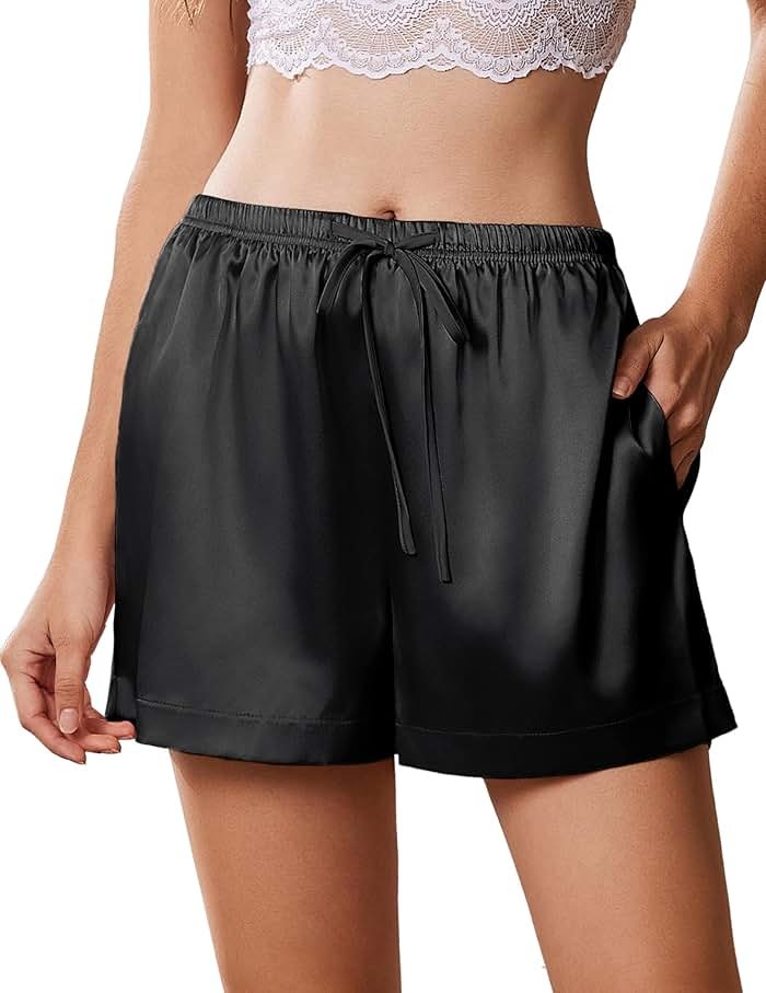 Ekouaer Womens Silk Satin Pajama Short 2026 Summer Casual Sleep Shorts Lounge Sleep Pj Short with Pockets Soft Lounge Shorts - Product Image