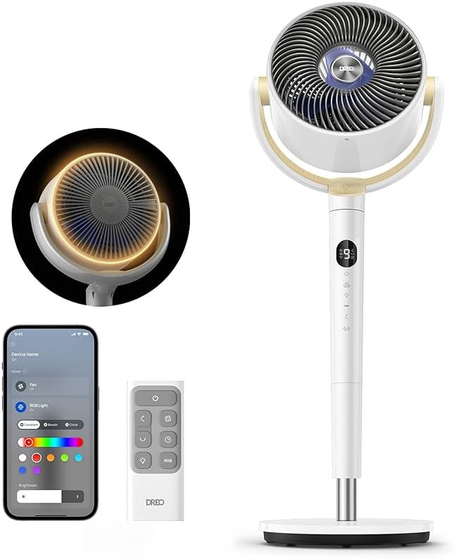 DREO Smart Fan for Bedroom, 120° +120° Omni-Directional Oscillating Fans, 100ft Quiet Pedestal Fan with RGB Light, 9 Speeds, 6 Modes, 20dB, 8H Timer, Wi-Fi/Voice/Alexa, 35-40" Floor Fans with Remote - Product Image