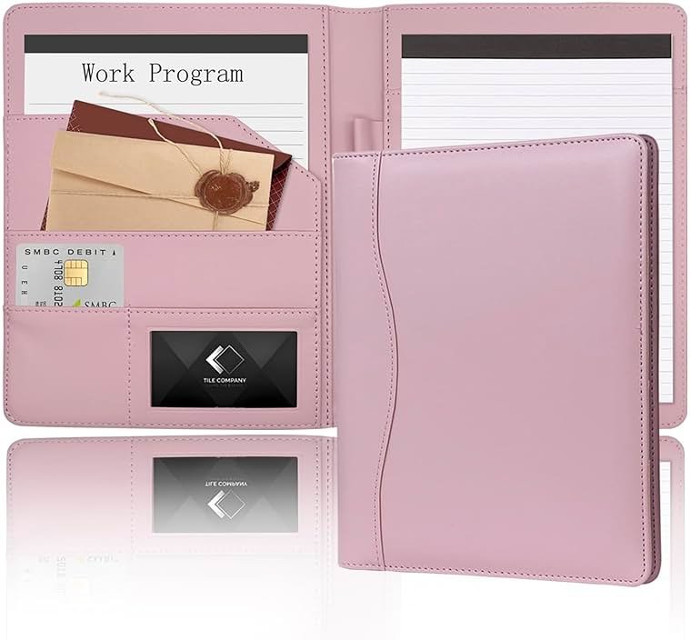 Leather Portfolio Binder 5 x 8, Mini Soft Leather Padfolio A5 Business Binder Legal Writing Pad Junior Size Document Organizer for Present Gift Kid Men Women Pink - Product Image