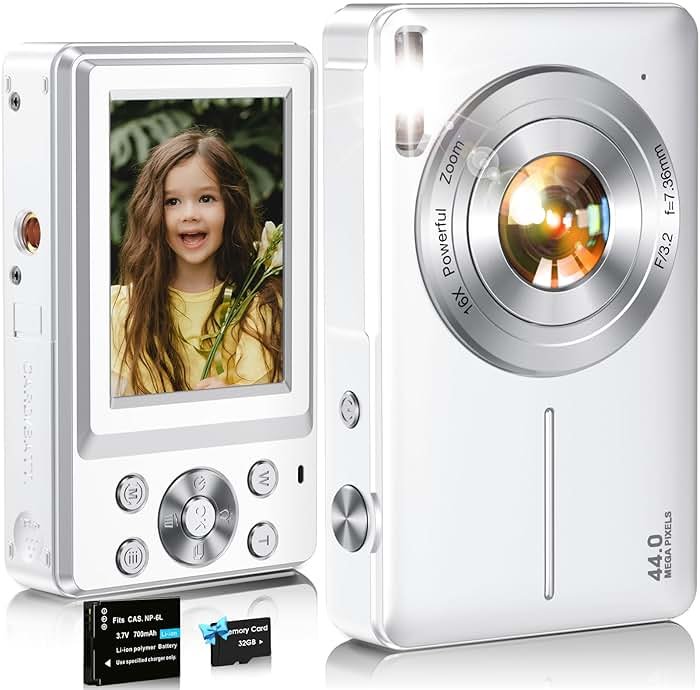 Digital Camera,FHD 1080P Kids Camera 44MP Point and Shoot Digital Cameras with 32GB Card,16X Zoom,Anti-Shake,Date Stamp,Compact Small Cameras Photography for Kids Student Teen Girl Boy(White) - Product Image