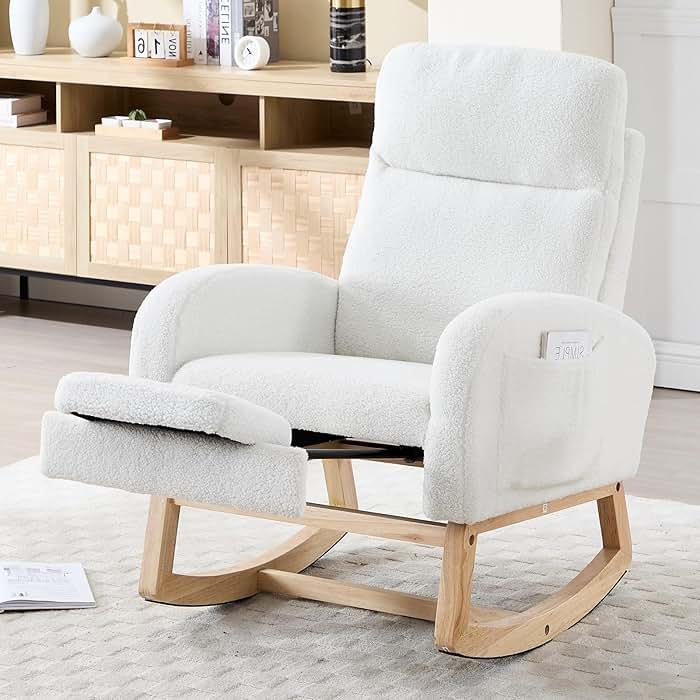 NIOIIKIT Oversized Nursery Rocking Chair, Teddy Upholstered Glider Chair with Footrest, Large Glider Rocker with Side Pocket, Rocking Accent Chair, Glider Recliner for Living Room (White Teddy) - Product Image