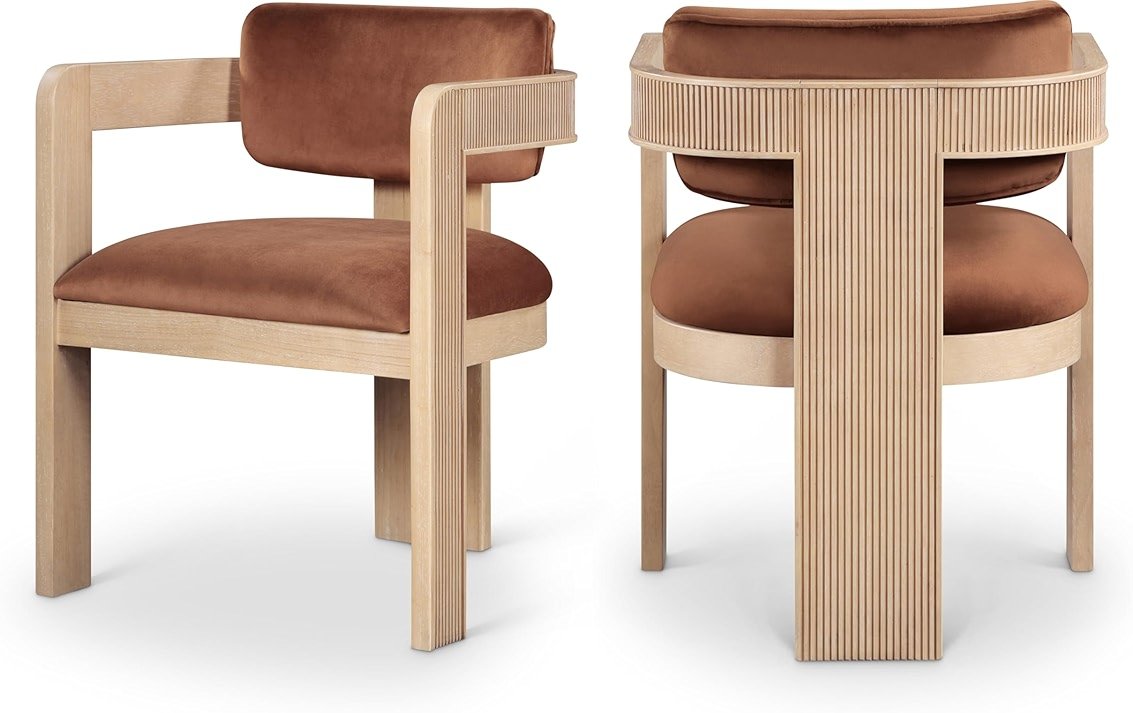 Meridian Furniture Sacha Collection Art Deco Dining Chair, Solid Fluted Wood, 22.5" W x 22" D x 31" H, Set of 2 (Cognac, Natural Finish, Velvet) - Product Image