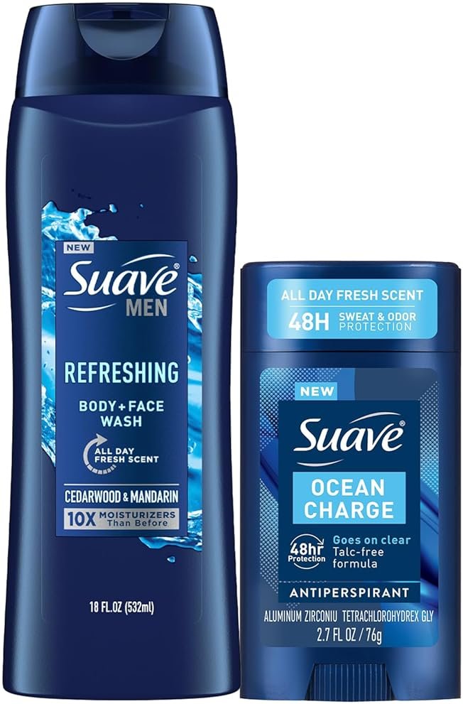 Suave Men’s Body Wash, Refresh + Invisible Solid Ocean Charge Antiperspirant Deodorant Stick, 48H Sweat & Odor Protection (2 Piece Set) - Product Image