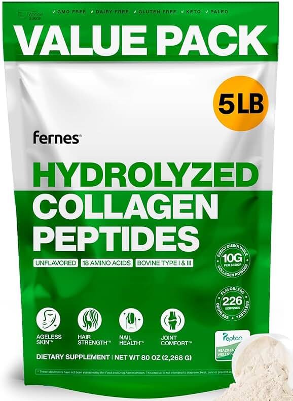Fernes Collagen Powder for Women Men (5LB) Type I & III Flavorless & Odorless Easy-Mix Hydrolyzed Peptan Protein Peptides Joint Hair Skin & Nail Support Gluten-Free Non-GMO Keto Paleo Grass-Fed Kosher - Product Image