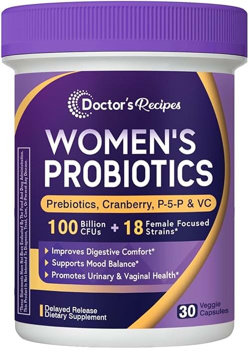 Doctor's Recipes Probiotics for Women, 100 Billion CFU, 18 Probiotic Strains, Prebiotics, Cranberry, P-5-P & VC, Vaginal, Digestive & Immune Support, Shelf-Stable, 30 Vegan Caps - Product Image