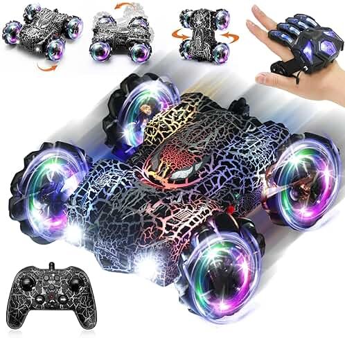 Hand Controlled Remote Control Car, 2.4Ghz Gesture Sensing RC Stunt Car with Wholebody Light & Headlight, Rechargeable 360° Rotating Double Sided RC Cars Black Spider Toys for Boys 4-6 5-7 8-12 - Product Image