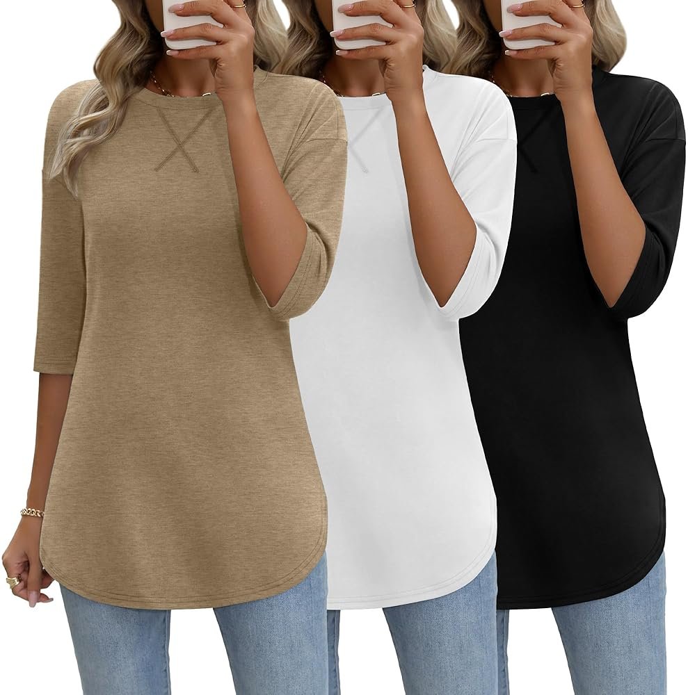 Riyiper 3 Pack Elbow Length Tee Shirts for Women 3/4 Sleeve Tunic Tops Round Neck Curved Hem Leggings Blouse - Product Image