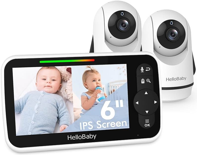 HelloBaby Video Baby Monitor with Upgraded 6” IPS Large Screen, Split Screen with 2 Cameras, Night Vision and Temprature Monitoring, Remote Pan-Tilt-Zoom Camera, No-WiFi - Product Image