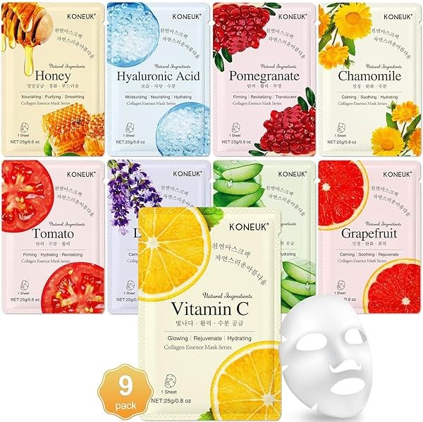 KONEUK 9 Pack Collagen Face Masks Skincare for Women, Hydrating Sheet Face Masks Suitable for All Skin Types, Bulk Facial Masks for Women Skin Care, Face Mask Gifts Set for Spa Party - Product Image