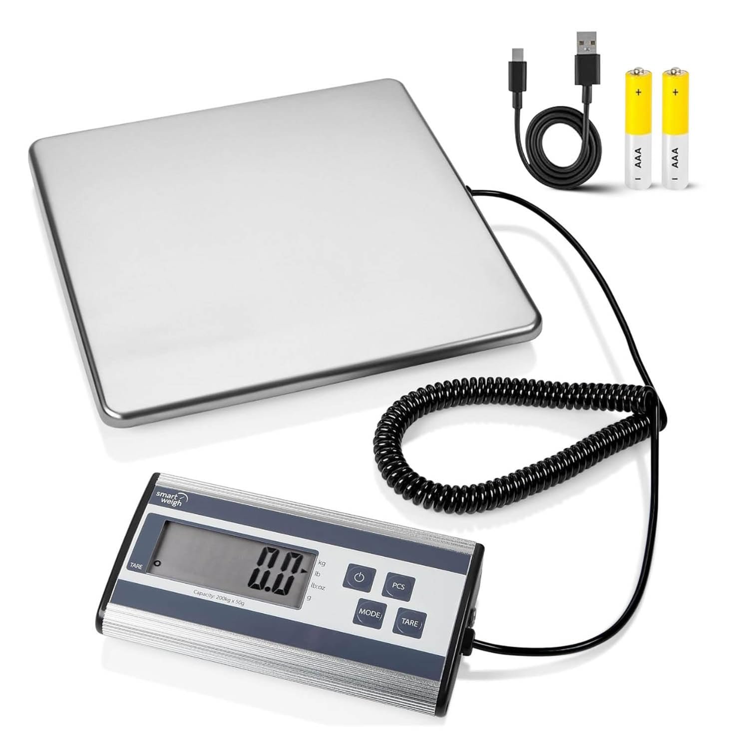 Smart Weigh Digital Postal Shipping Scale, 440 lb Capacity, 1 oz Readability, Hold & Tare Functions, Battery or USB-C Power, Corded Display, Stainless Steel Large Platform, Silver - Product Image