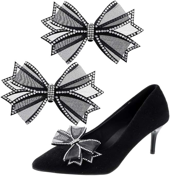 Shoe Clips for Women Dress Shoes 2 Pieces Mesh Bow Rhinestone High Heel Shoe Clips Removable Shoe Clips Rhinestone Shoe Clips Buckle Detachable Bow Heels Clothing Accessories for Wedding Party Prom - Product Image