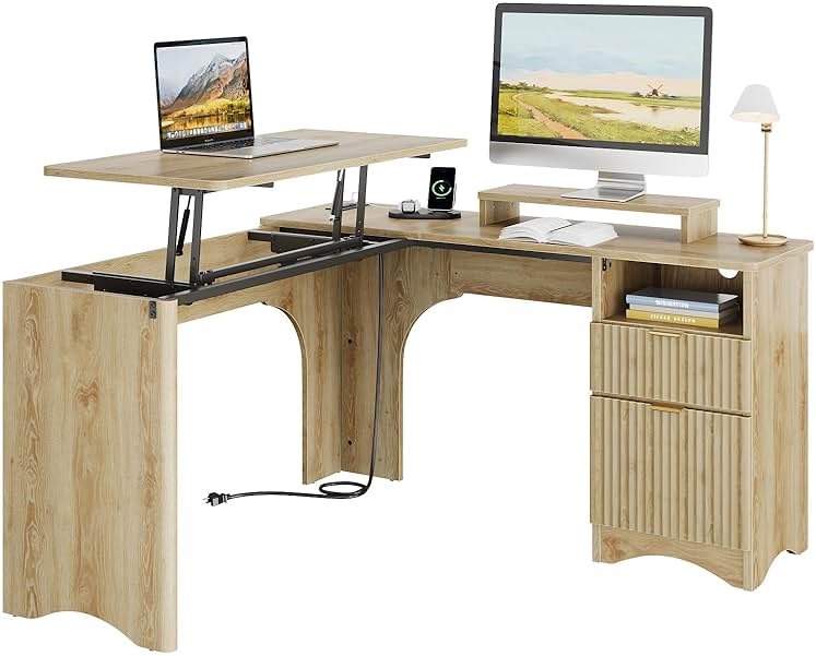 Bestier L Shaped Desk with Lift Desktop, 55 inch Corner Desk with Fluted Panel Deisgn Drawers, Modern Office Desk with File Drawer (Natual Oak, 55'' x 55'' Lift Top) - Product Image