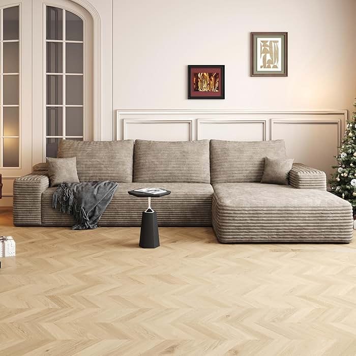 107 inch Cloud Sectional Couch Boneless Sofa in a Box for Living Room, Foam Floor Modular Sectional Sofa w/Deep Seat, Fluffy Corduroy Upholstered Couch with L-Shaped Chaise - Product Image
