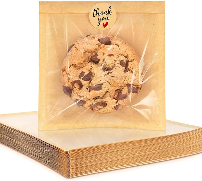 Foranda 100 Pack Cookie Packaging Bags with Seal, 5.7x6.5 Inch Heat Sealable Paper Cookie Sleeves, Grease Resistant To Go Bakery Bags with Window for Bake Sale Brownie, Treat, Donut, Cake Slice, Scone - Product Image