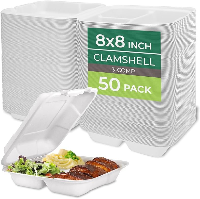 Freshware Clamshell Food Containers with Lids [8x8"] 3-Compartment 50-Pack, Disposable To Go Containers, Biodegradable Sugarcane To Go Boxes - Paper Containers - Microwave & Freezer Safe, Stackable - Product Image