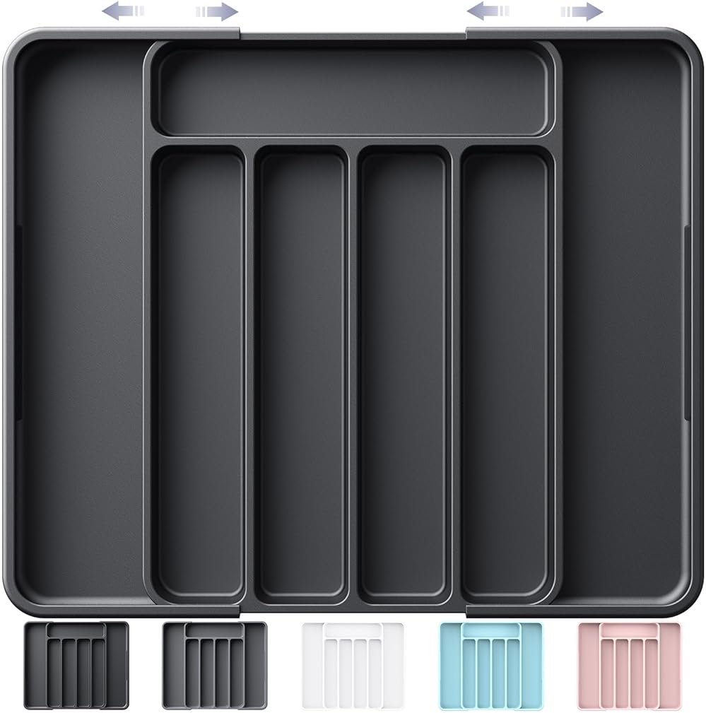 Kitsure Cutlery Drawer Organiser for Kitchen - Adjustable Cutlery Tray for Effortless Utensil Sorting, Versatile Kitchen Storage & Organisation Solution, 12.13" x 1.54" x 8.07"~13.90", Black - Product Image