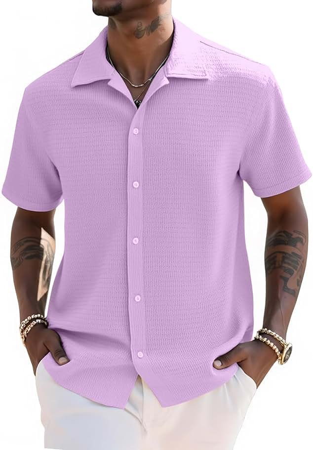 UOUA Men's Casual Button Down Shirts Short Sleeve Summer Textured Tops for Beach Vacation - Product Image