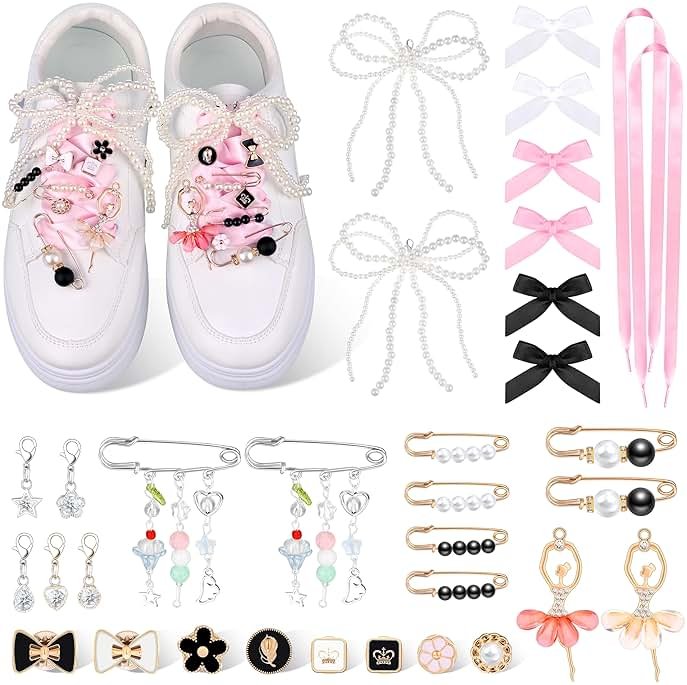 MJOGGOTT 34 Pcs Shoe Charms for Sneakers, Junk Socks Charms, DIY Shoe Lace Charm for Women with Ribbon Lace Shoelaces Contain Bows/Clips/Pins/Jewelry/Pearls Shoe Charm for Clothes, Hats Decoratin - Product Image