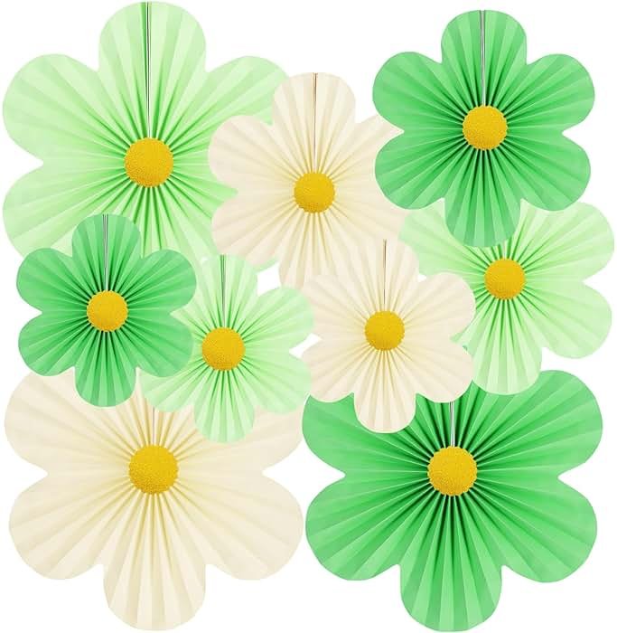 Yuxiou Green Paper Flower Decorations Pack of 9 Green, Ivory & Light Green Fans with Gold Discs for Birthday, Baby Shower, Wedding & Spring Occasions - Product Image