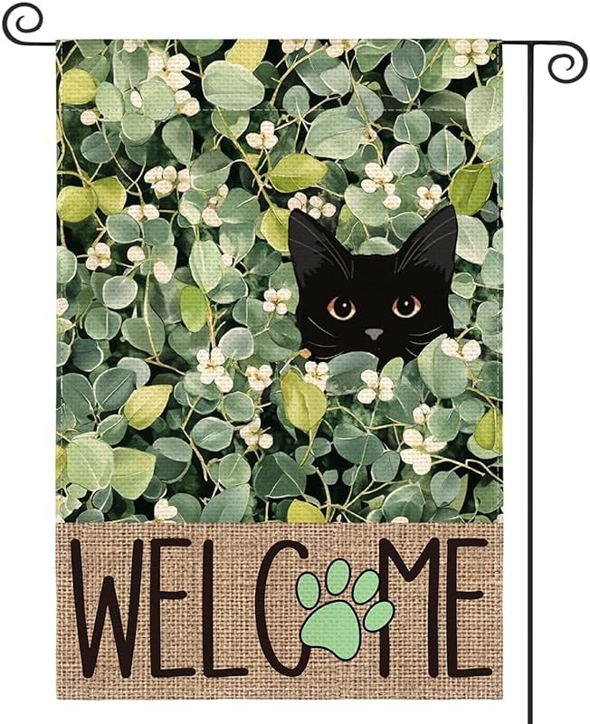 AVOIN colorlife Spring Summer Floral Garden Flag 12x18 Inch Double Sided Outside, Eucalyptus Black Cat Welcome Seasonal Yard Outdoor Flag - Product Image