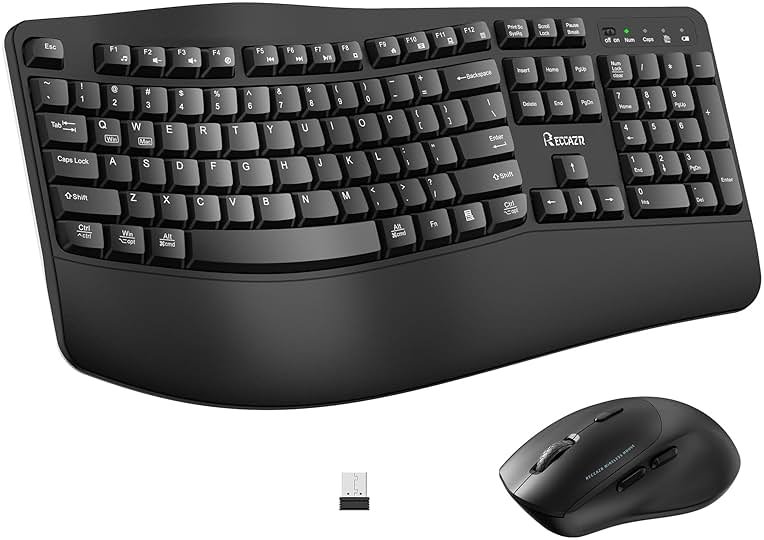 Wireless Keyboard and Mouse Combo,2.4G Full Size Wave Keys Ergonomic Keyboard with Wrist Rest for Natural Typing, 3 DPI Adjustable Ergonomic Silent Mouse for Computer/Laptop/Windows/Mac (Black) - Product Image