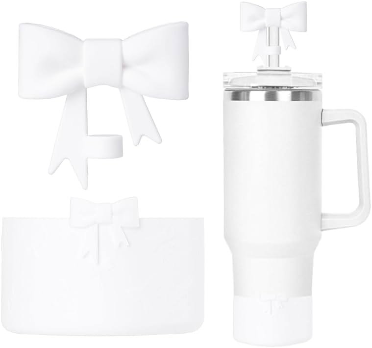 Bow Silicone Protective for Stanley Boot for 20/30/40Oz, Bow Straw Cover Topper for Stanley Cup 10mm/0.4in, 2 Pack Cup Accessories Compatible 12-24Oz for Hydroflask Boot and More (White Set) - Product Image