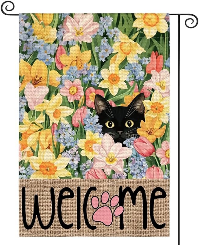 AVOIN colorlife Spring Floral Garden Flag 12x18 Inch Double Sided Outside, Black Cat Welcome Seasonal Yard Outdoor Flag - Product Image