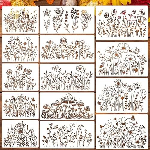 Flower Stencils for Painting Wildflower Stencils Reusable Floral Stencil for Crafts Wall Canvas Fabrics Furniture Card - Product Image