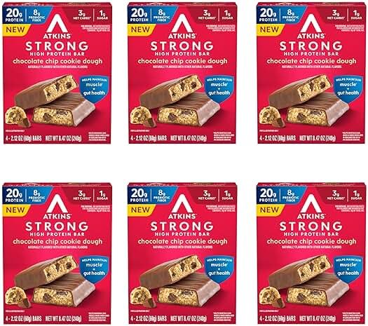 Atkins Strong Chocolate Chip Cookie Dough High Protein Bars, 20g Protein, 2g Sugar, 4 Count (Pack of 6) - Product Image