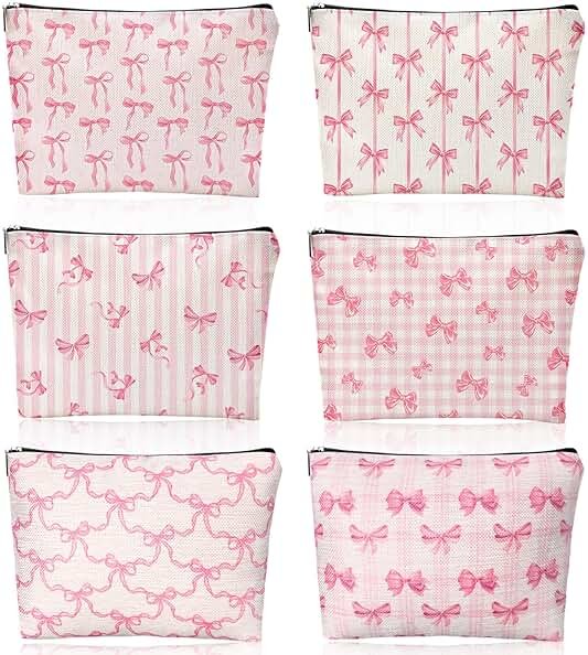 Kacctyen 6 Pack Pink Coquette Bow Makeup Bag Preppy Cosmetic Bags Zipper Pouch Travel Toiletry Bag Pink Trendy Pouch Bag Gift for Coquette Birthday Paty Favor Girls Travel Storage Accessories - Product Image