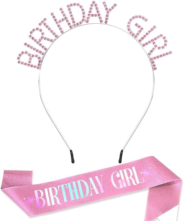 CAVETEE Birthday Girl Crown and Sash， Princess Tiara Happy Birthday Headband Party Accessories for Women and Girls - Product Image
