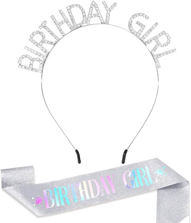 CAVETEE Birthday Girl Crown and Sash， Princess Tiara Happy Birthday Headband Party Accessories for Women and Girls - Product Image