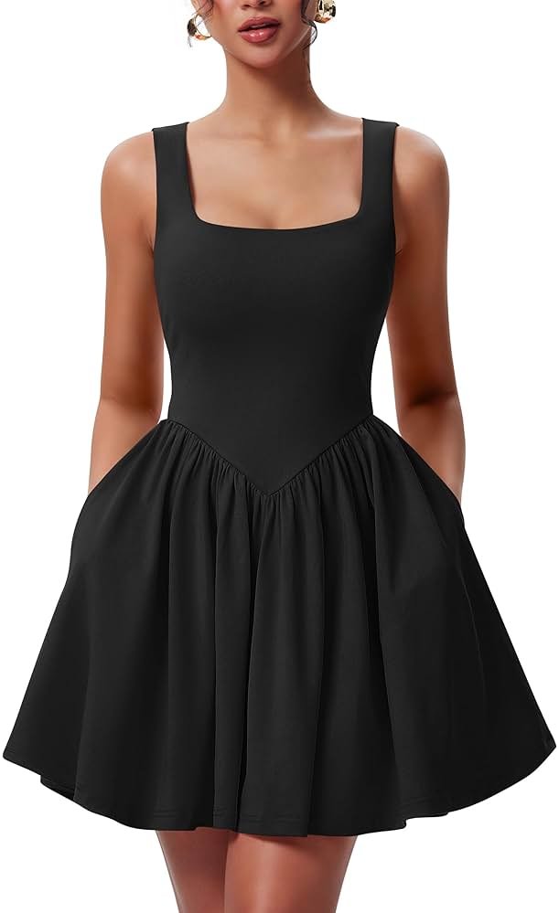 YMDUCH Women's Summer Sleeveless Square Neck A-line Ruffle Hem Mini Tank Dress with Pockets - Product Image