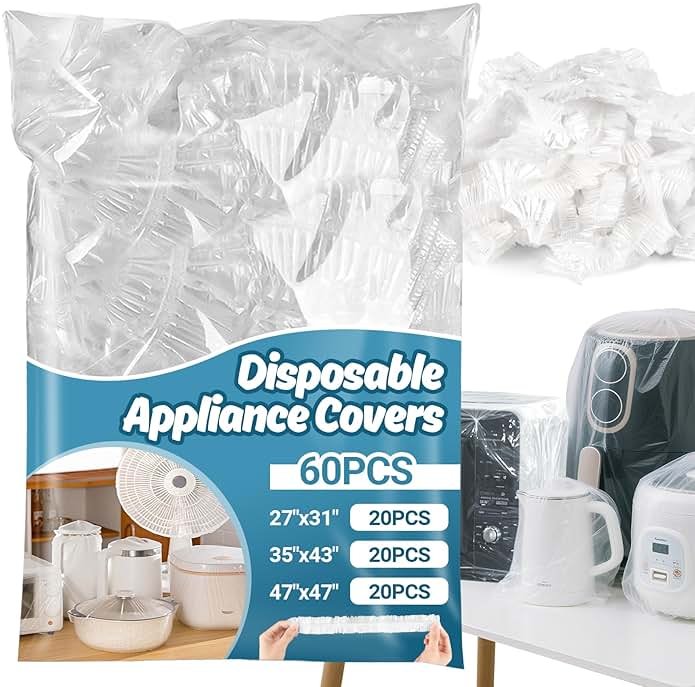 60 PCS RAINFLOW Disposable Kitchen Appliance Covers - Dust Covers for Kitchen Appliances Clear Thickened Dust Cover with Elastic for Household Air Fryer Oven Rice Cookers Fan and Storage (S,M,L) - Product Image
