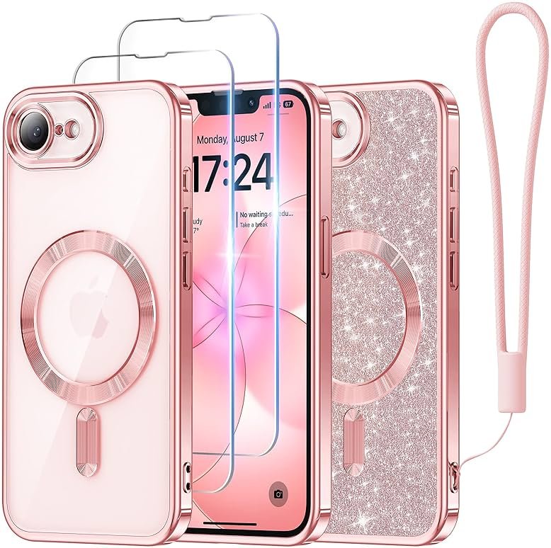 Meifigno Designed for iPhone 17e/16e Case 6.1", [Compatible with MagSafe] [Glitter Card & Wrist Strap] [2X Screen Protectors] Surround Raised Lens Protection Designed for 17e Phone Case/ 16e, Rose - Product Image